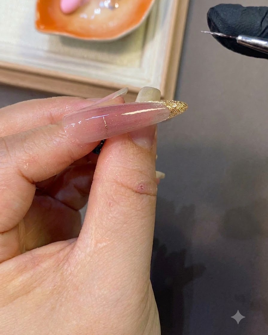 Ein Pinsel trägt eine klare Schicht Aufbaugel über die dekorierte Nageloberfläche auf.