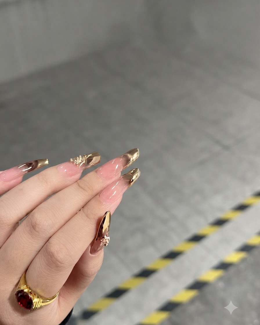 Eine Hand posiert so, dass der Zeigefinger mit Goldschleifen-Charm und Chrom-Farbverläufen zu sehen ist.