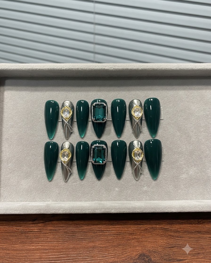 Eine Nahaufnahme der rechten Spalte des smaragdgrünen Press-on Nagelsets mit grossen Smaragd-Edelsteinen und Strassrändern.