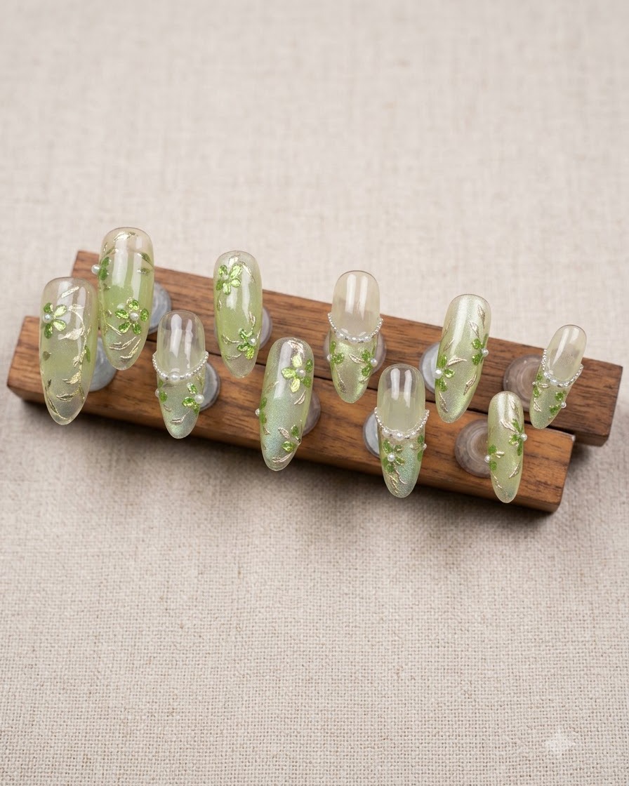 Detailaufnahme des mittleren Teils des Nagelständers mit silbernen Perlketten und Miniaturblüten.