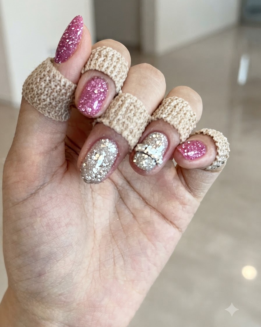Eine Nahaufnahme eines strukturierten silbernen Glitter-Akzentnagels neben rosa lackierten Nägeln.