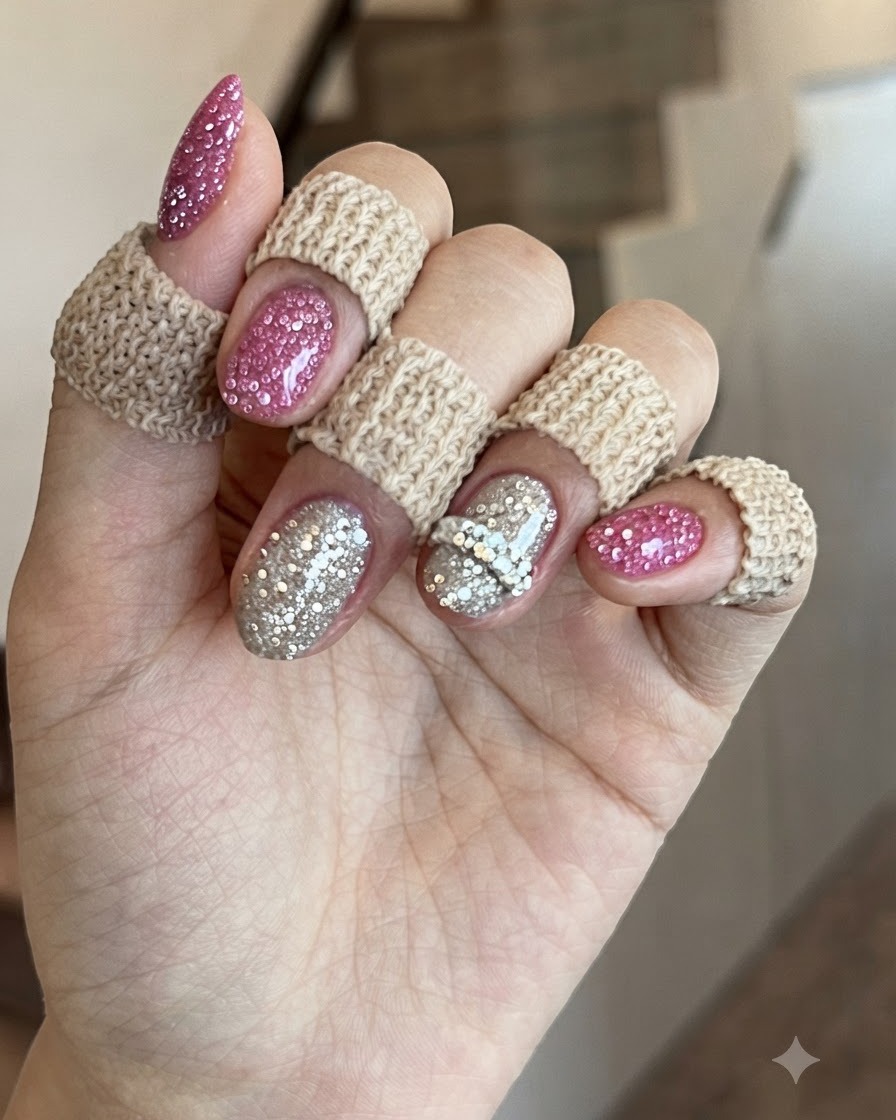 Eine schwenkende Nahaufnahme über Finger, die das intensive Funkeln und die strukturierte Oberfläche der Diamantpuder-Nägel demonstriert.