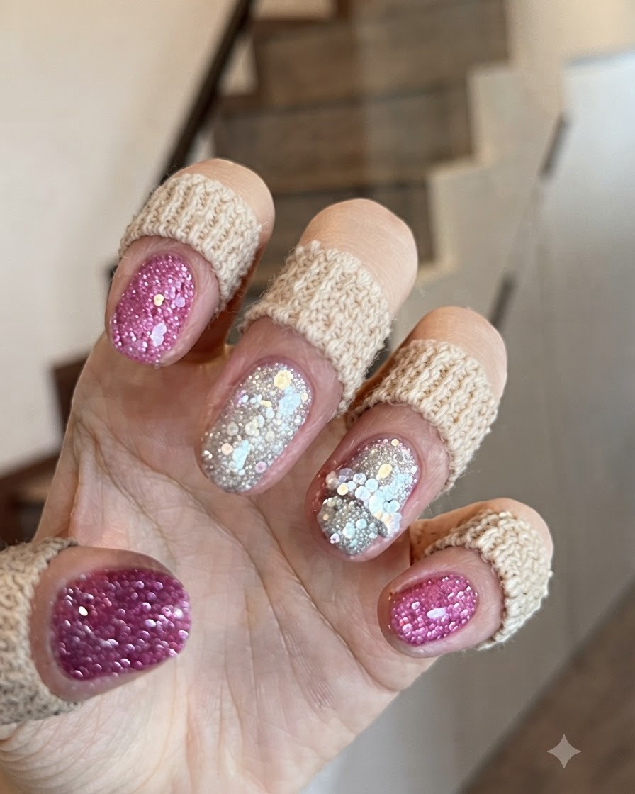 Eine Nahaufnahme mit Fokus auf den Mittelfinger, die eine silberne Glitterbasis und eine filigrane Strass-Kreuz-Verzierung zeigt.