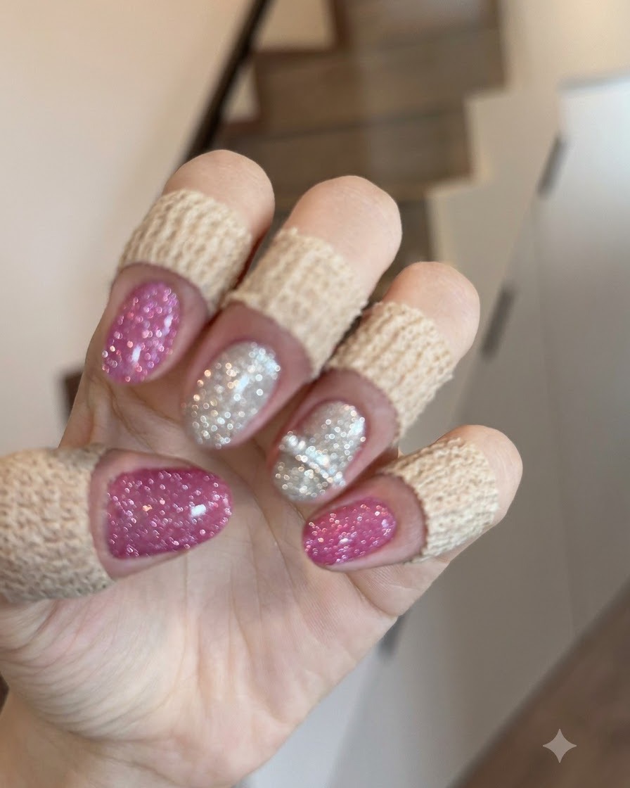 Eine Nahaufnahme einer Hand mit schimmernden rosa und silbernen Diamantpuder-Nägeln unter hellem Licht.