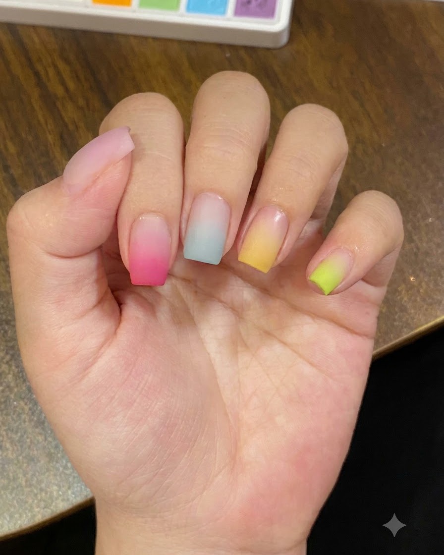 Eine Hand zeigt eine Reihe von Nägeln mit verschiedenen Pastell-Farbverlaufsfarben an jedem Finger.
