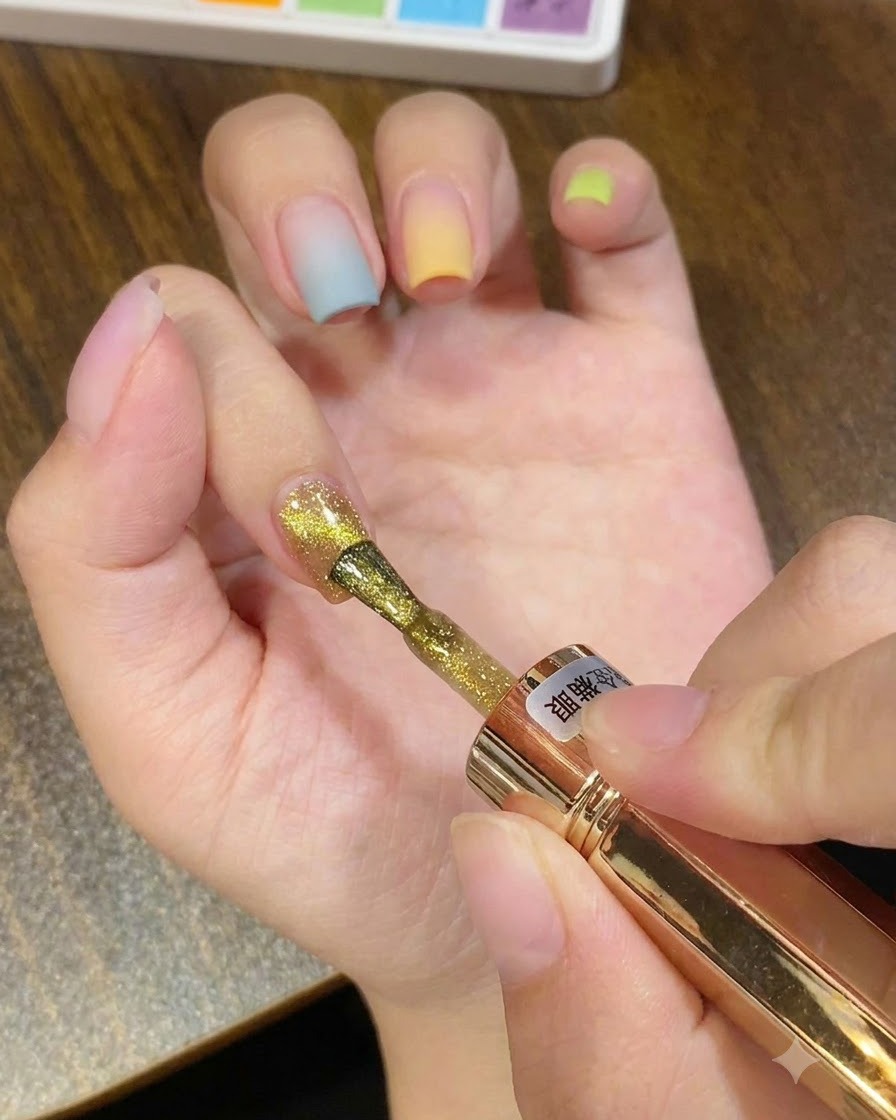 Ein Pinsel trägt goldenes magnetisches Cat-Eye-Gel über einen Farbverlaufsnagel auf.