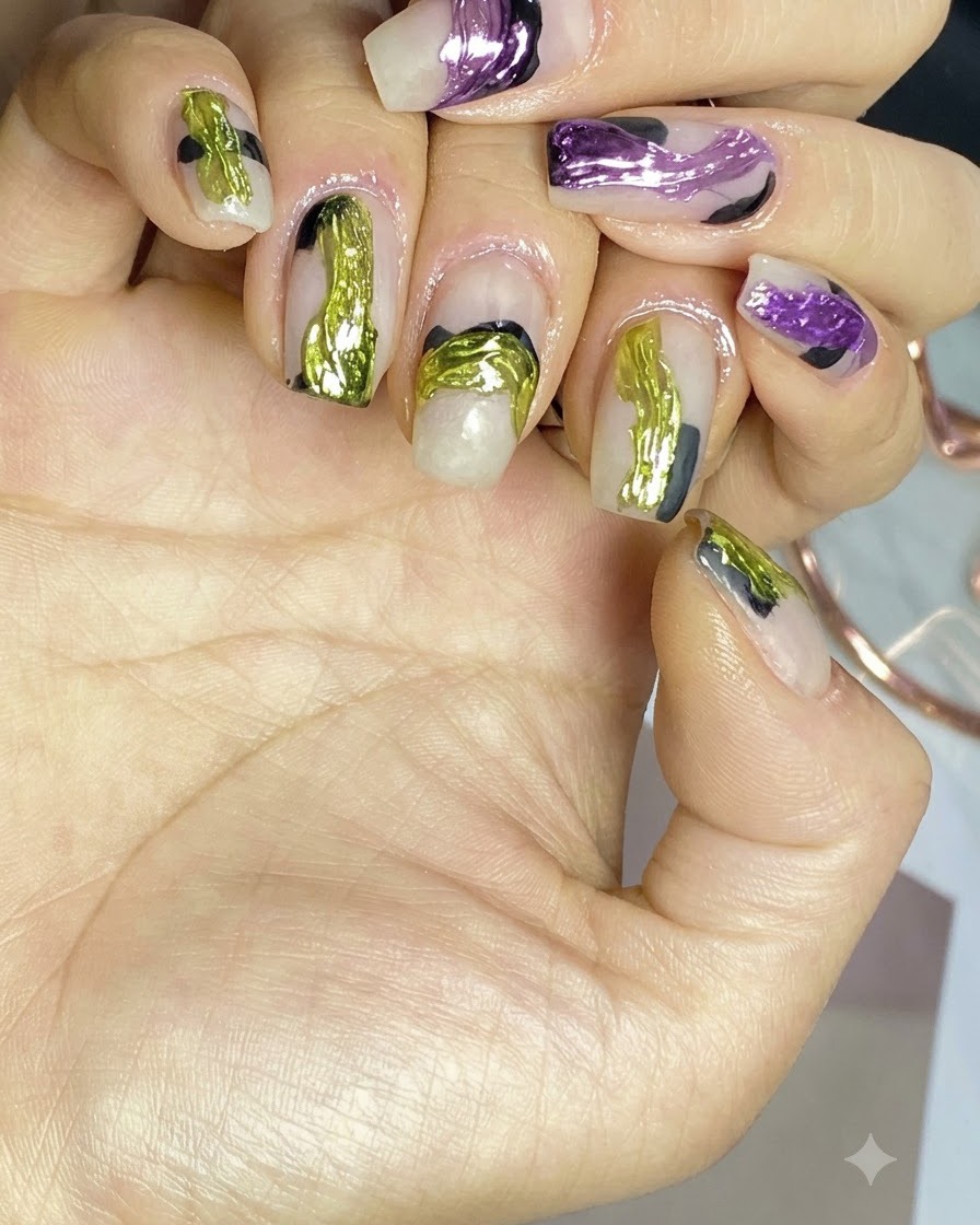 Nägel mit transluzenter Nude-Basis härten unter einer Nagellampe aus.