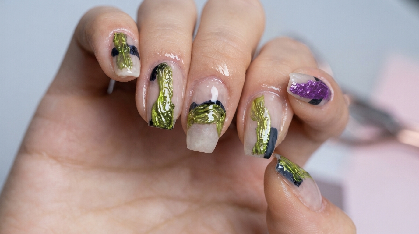 Nahaufnahme fertiggestellter abstrakter Nägel mit markantem Kontrast aus neongrünen und satten lila abstrakten Swirls, Folienelementen und Nude-Negativraum-Basen.