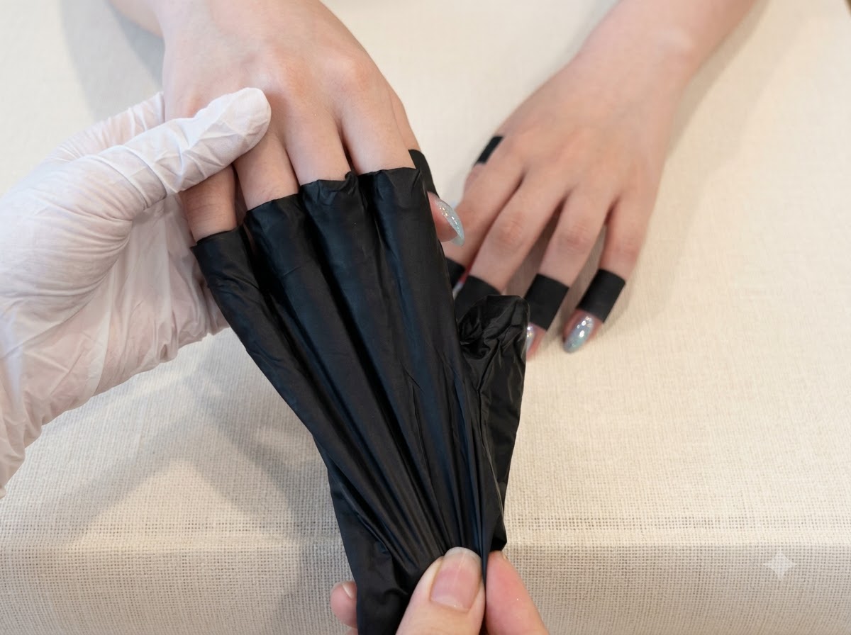 Eine weiß behandschuhte Hand zieht schwarze Fingerabdeckungen aus, um mintfarbene Chrome-Gel-Nägel freizulegen.