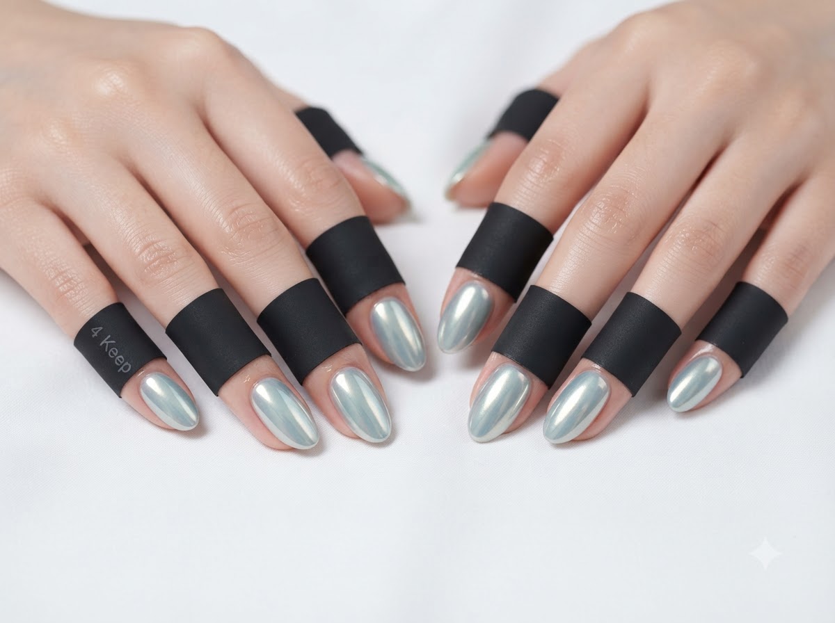 Nahaufnahme mit Fokus auf die Perlenverzierungen und den Mint-Chrome-Glanz der linken Hand.