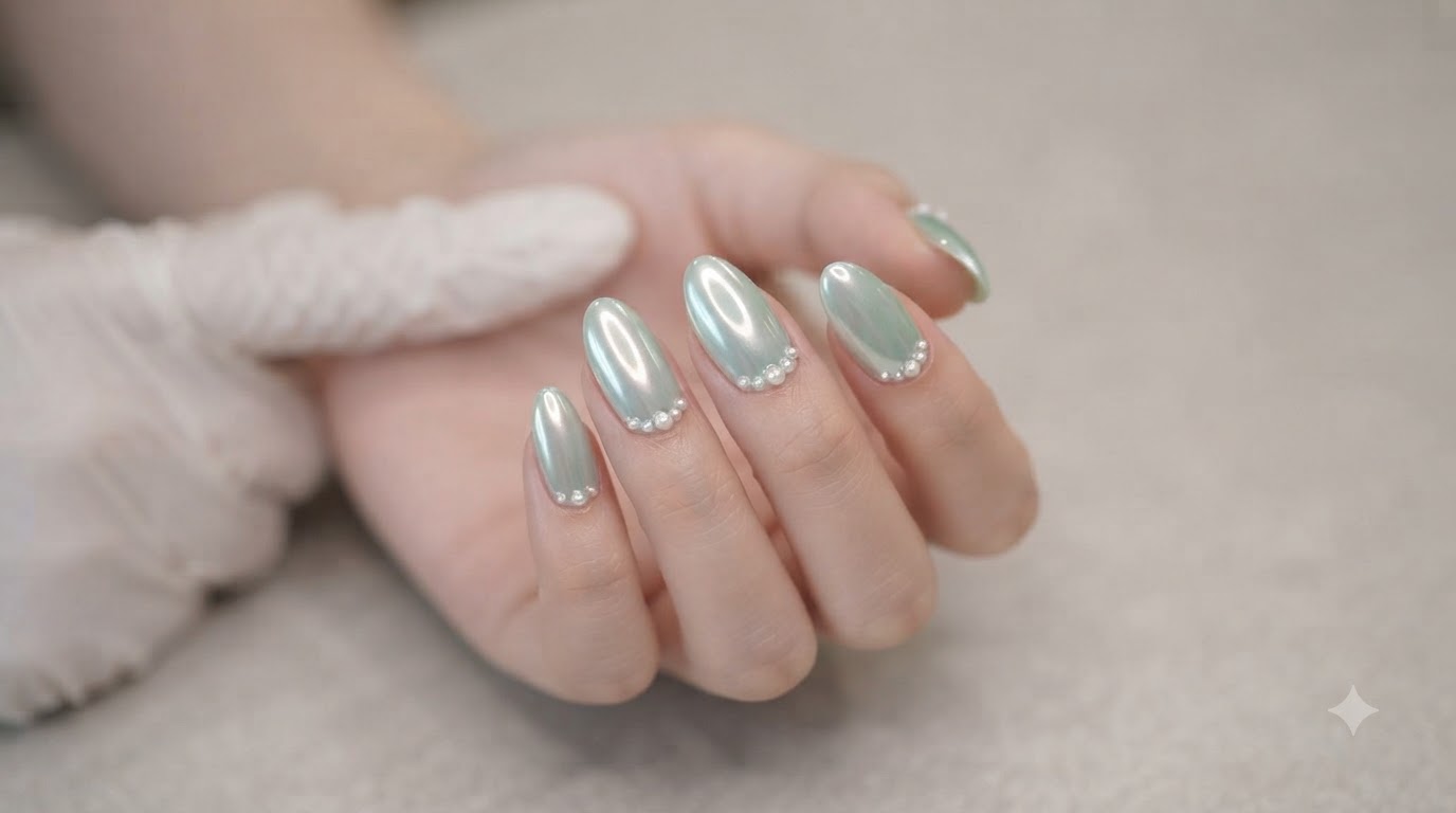 Mint Mambo Chrome Aurora Gel-Nägel mit Perlen-Verzierung