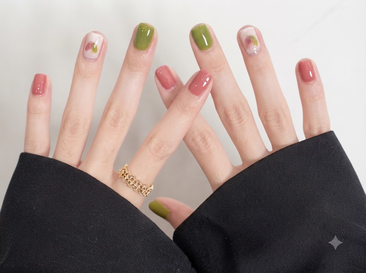 Eine Nahaufnahme von kurz abgerundeten Nägeln, gestaltet mit abwechselnd salbeigrünen und zartrosa Hochglanz-Gel-Nagelprodukten.