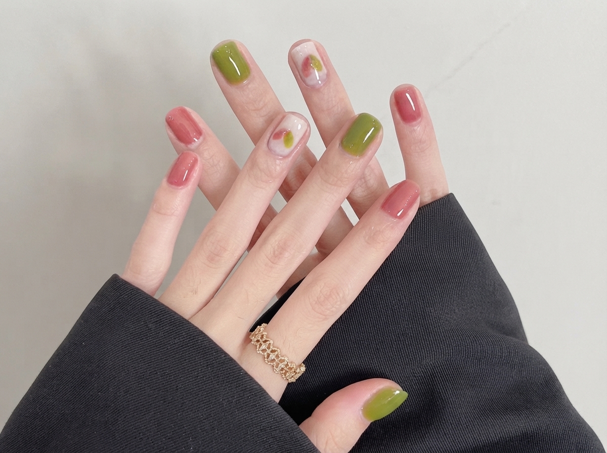 Eine Nahaufnahme von Händen mit kurzen quadratischen Nägeln, grün-rosa Gel-Nagellack und einem zarten Goldring.
