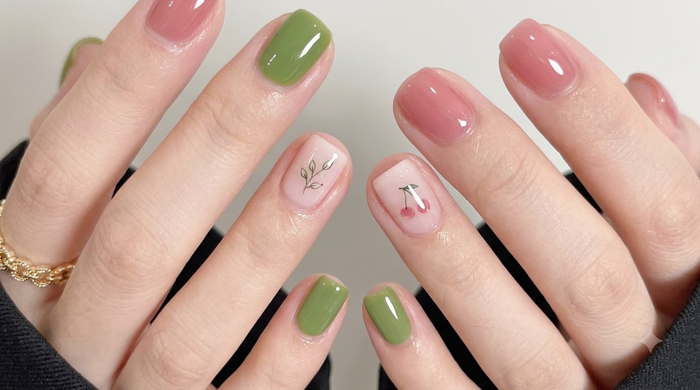 Grüne und Rosafarbene Doodle-Nagelkunst für kurze Nägel — Schritt-für-Schritt-Anleitung