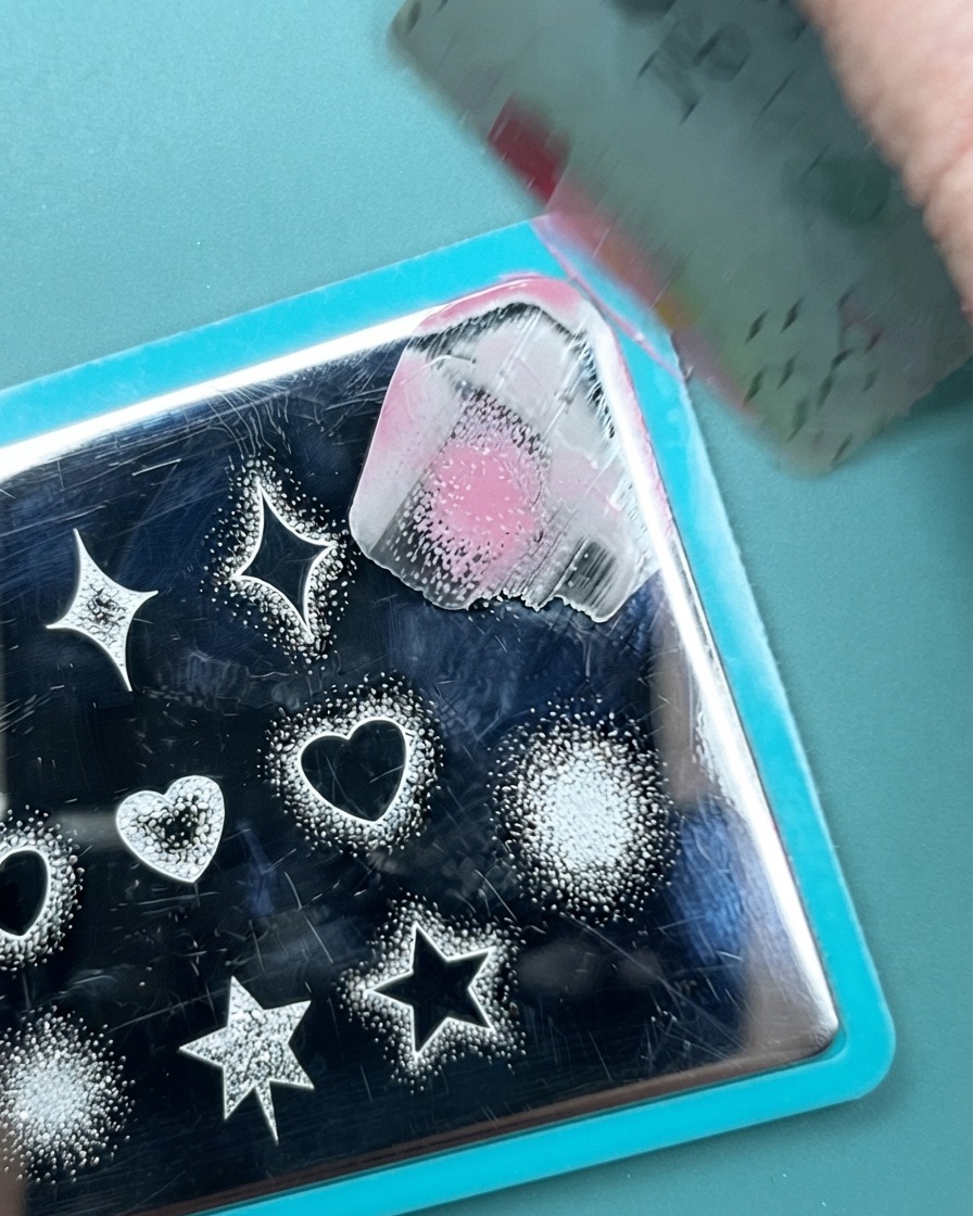 Ein Silikon-Nagelstempel presst ein pinkes Ombré-Punktmuster auf einen neongrün lackierten Nagel.
