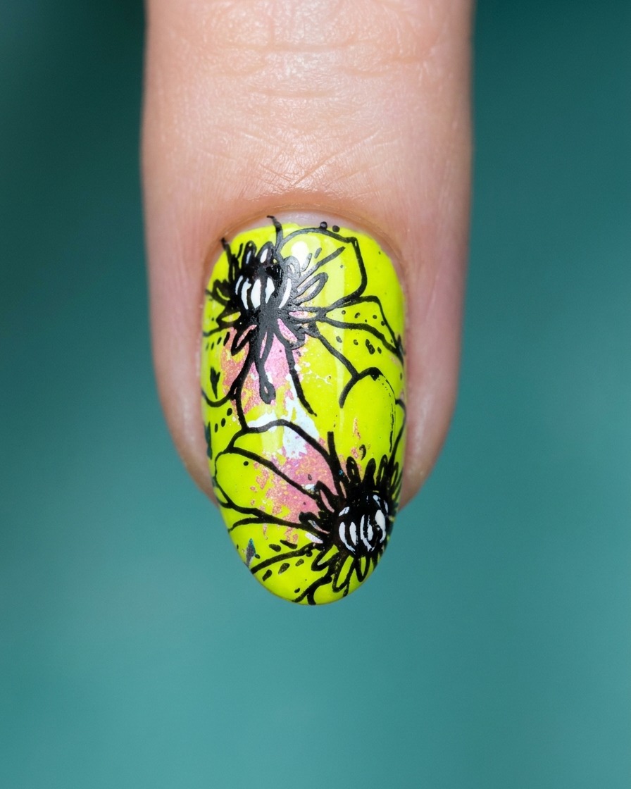 Ein klarer Topcoat-Pinsel gleitet über das fertige neongrüne und florale Nagelkunst-Design.