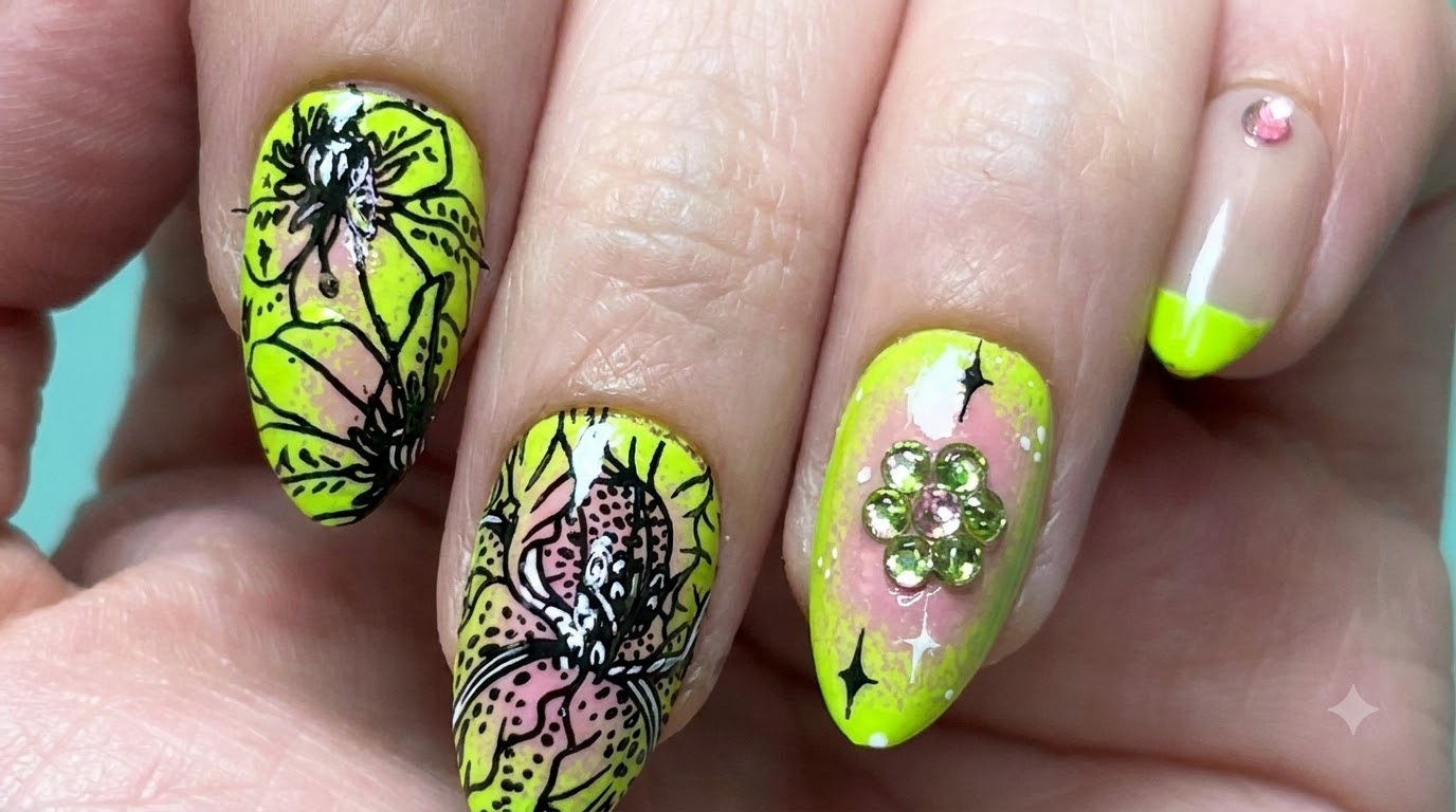 Neon-Grüne & Pinke Ombré-Nagelkunst mit Blumen-Tutorial