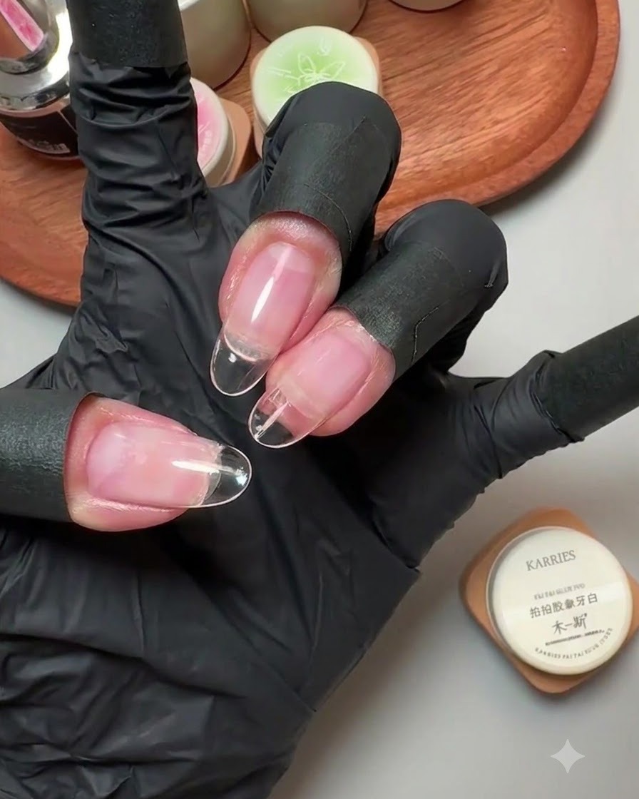 Eine handgeschmückte Hand mit schwarzen Handschuhen hält ein Glas elfenbeinfarbenes Solid Gel, das klare falsche Nägel mit Übergangslinien zeigt.