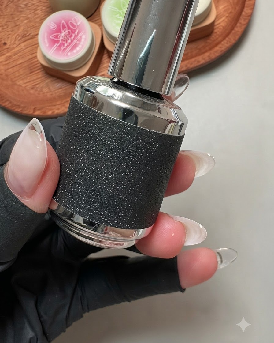Eine Nahaufnahme einer Hand, die eine Flasche mit dickem Glitter Cat-Eye-Gel-Polish hält.
