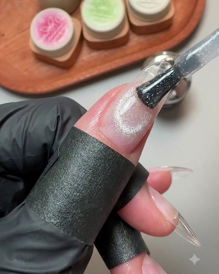 Ein Pinsel trägt silbernes Glitter Cat-Eye-Gel auf eine verlängerte Nagelplatte auf.