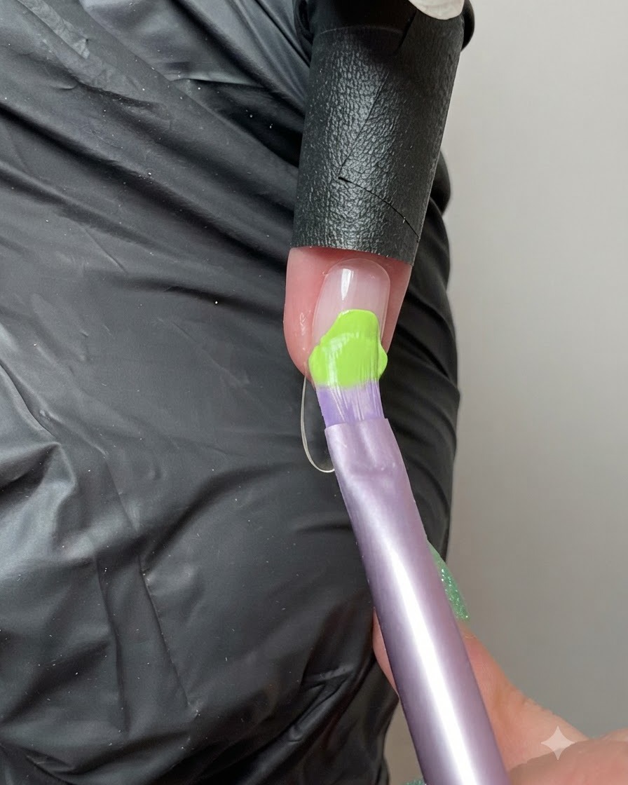 Ein Pinsel trägt lebendiges fluoreszierendes grünes Solid Gel auf einen Zeigefingernagel auf.