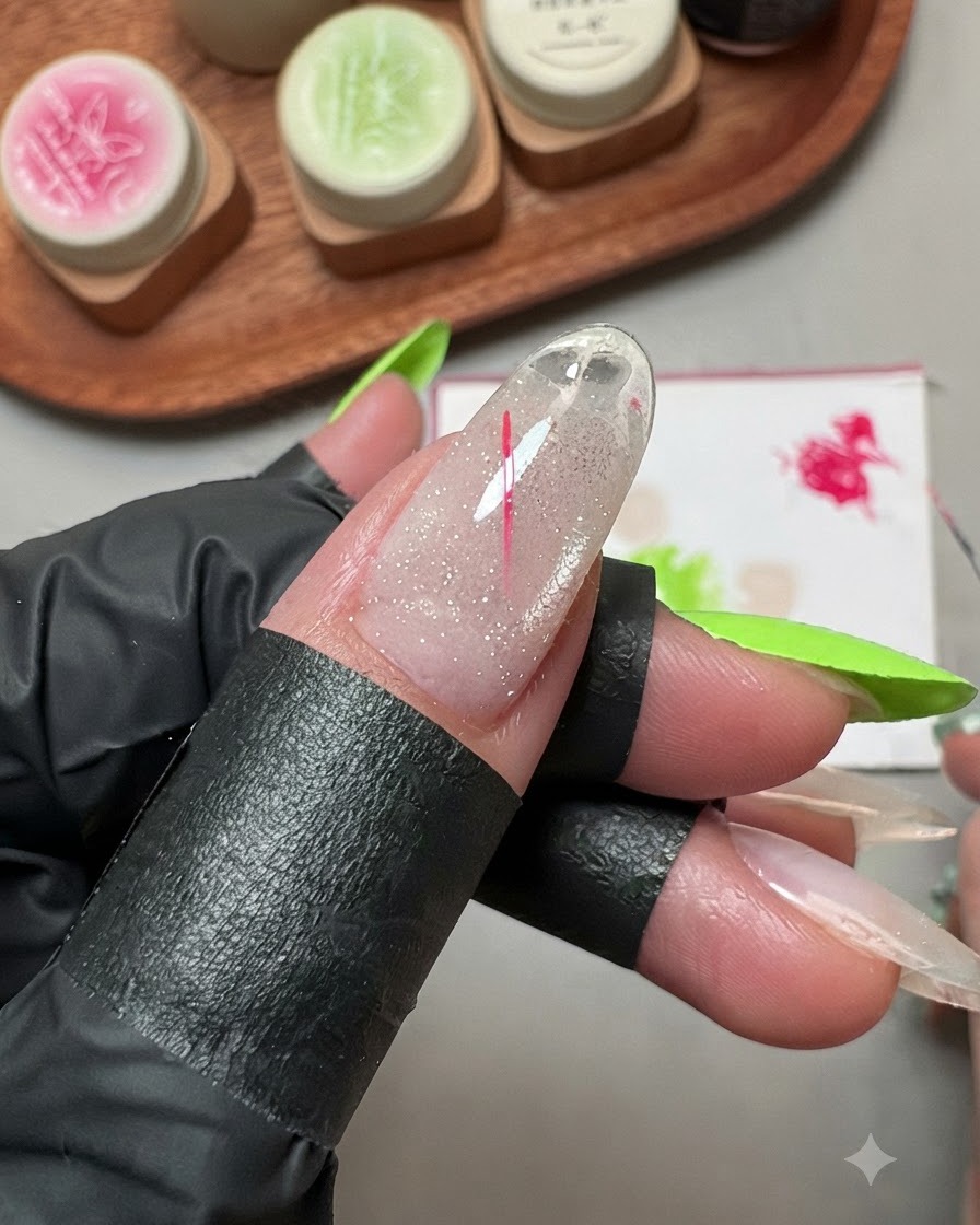 Ein feiner Liner-Pinsel zeichnet eine dünne rosa Linie, um einen Stern auf dem Daumennagel zu bilden.