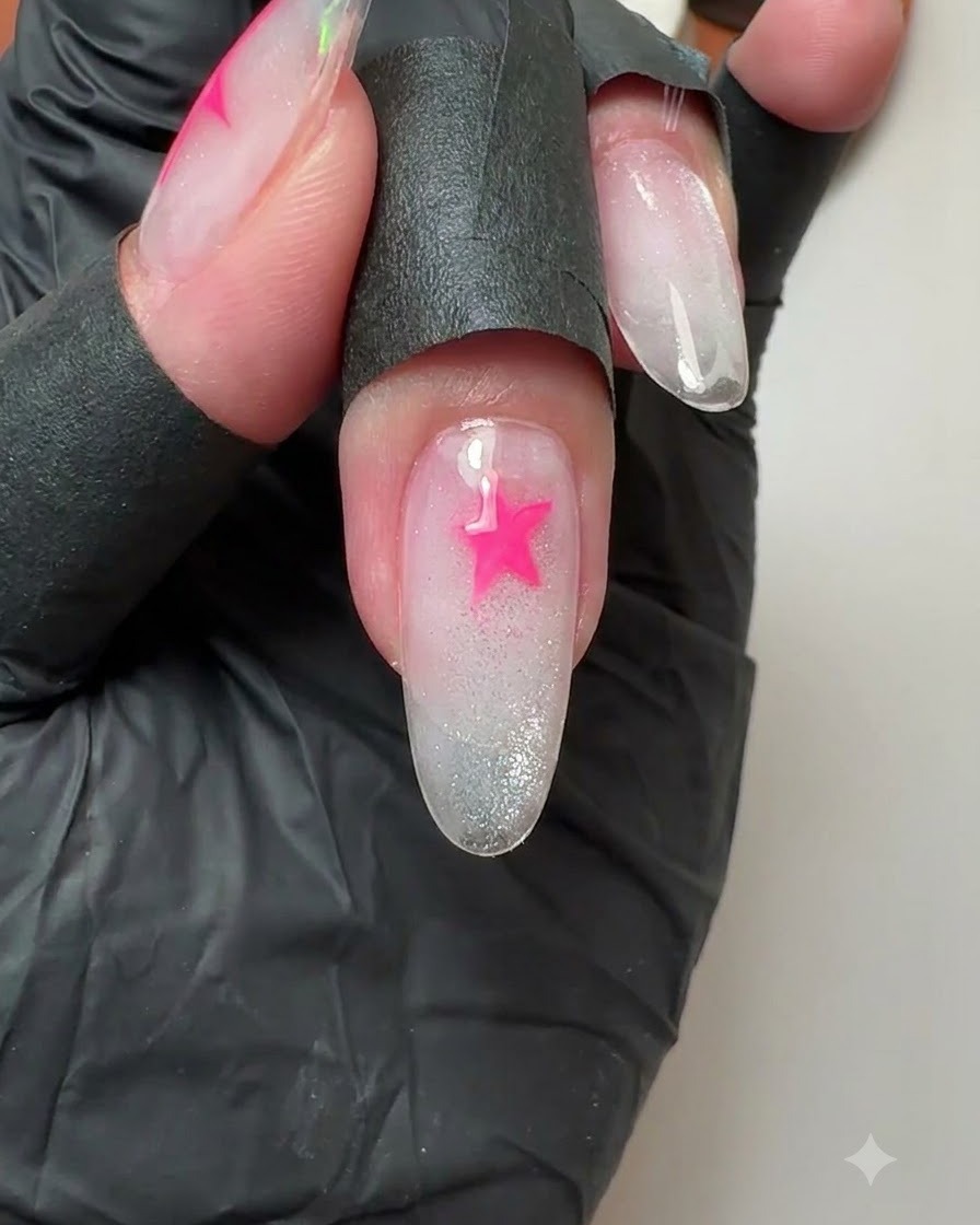 Eine Nahaufnahme eines Mittelfingernagels zeigt einen frisch gemalten lebendigen rosa Stern.