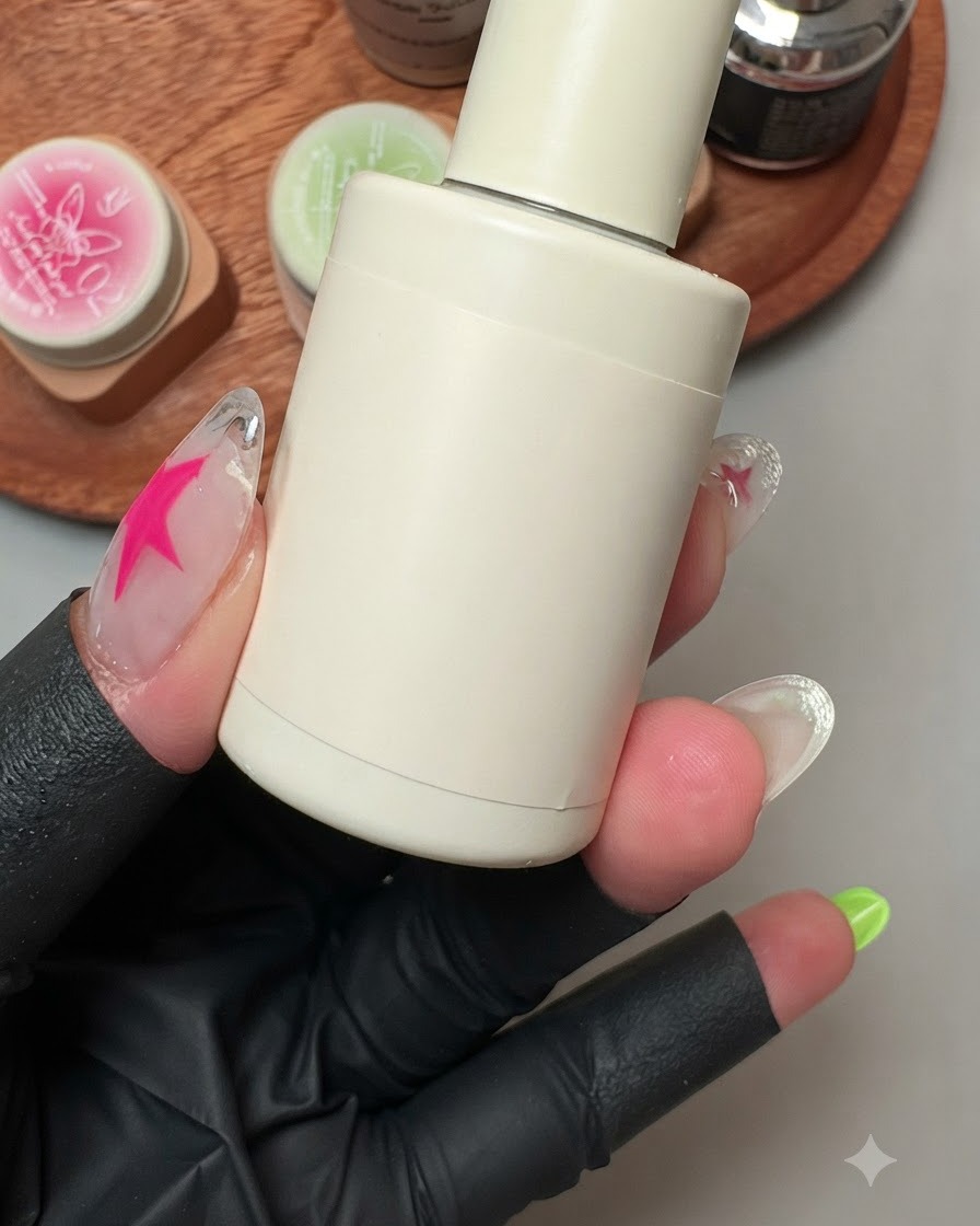Eine Flasche weisses Moon Builder Gel wird während der Anwendung nahe dekorierter Nägel gehalten.