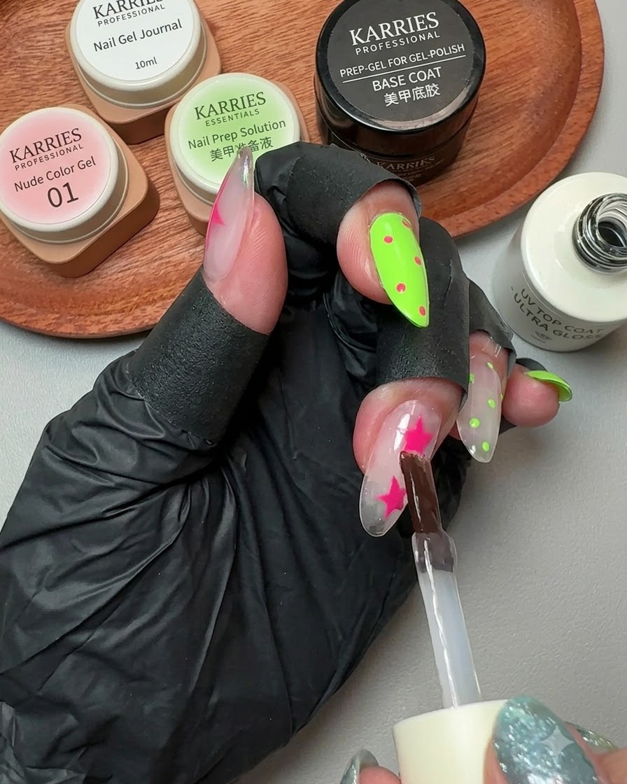 Ein Pinsel trägt glänzendes Top-Gel über einen dekorierten Nagel mit rosa Sternen und Polka Dots auf.
