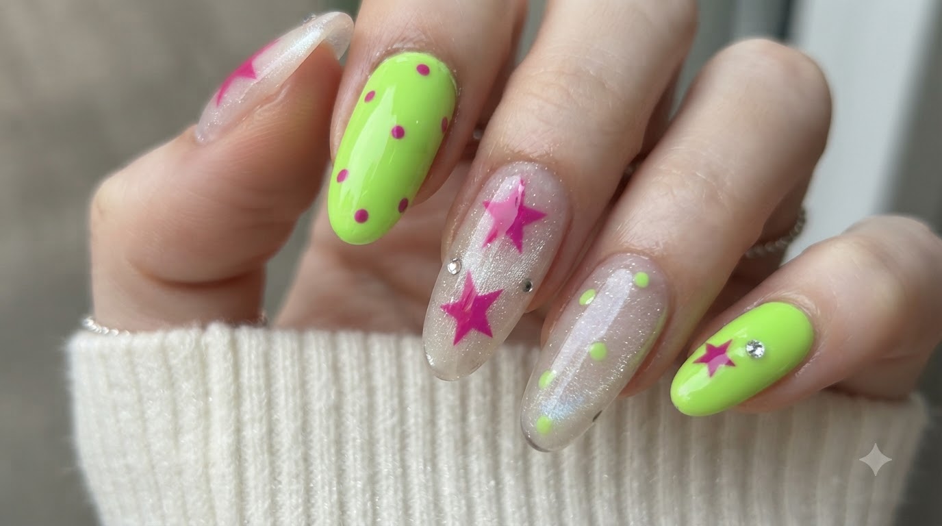 Nahaufnahme von fluoreszierendem Grün und Magenta Stern Y2K Kontrast Nageldesign auf langen Mandel-Nägeln.