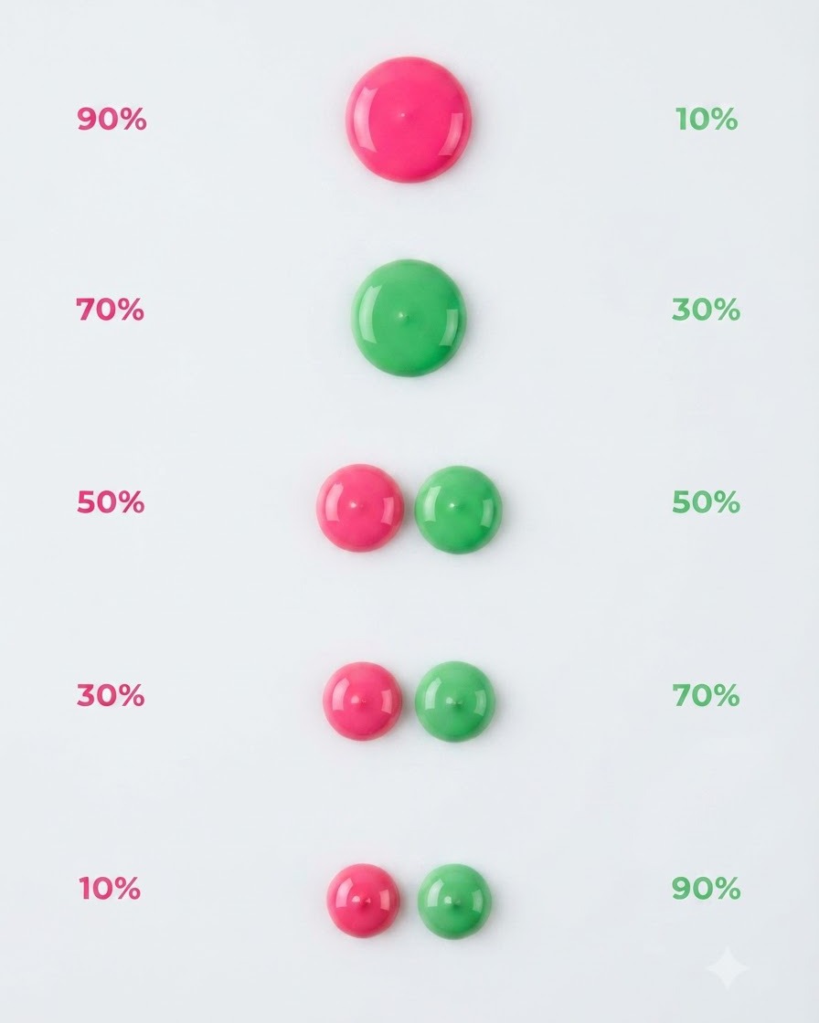 Ein flachgedrücktes Farbmuster aus neonrotem Gel-Polish auf einer weißen Mischfläche.