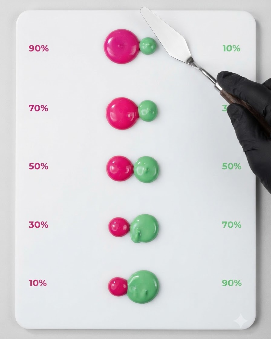 Ein Metallspatel zieht eine kleine Spur neonroten Gels nach unten zu einem salbeigrünen Punkt.