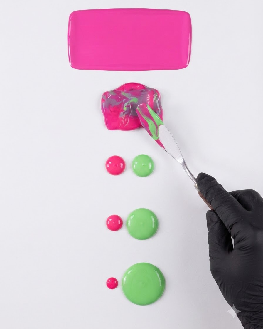Eine handgeschmückte Hand mit schwarzem Handschuh, die mit einem Metallspatel Neonrosa- und Salbeigrüngel auf einer weißen Palette mischt.