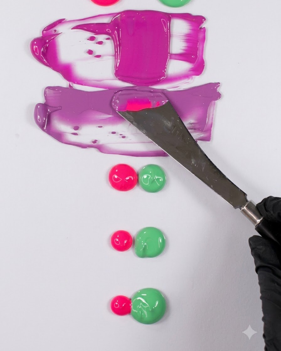 Ein Metallspatel wird über einer weißen Palette gehalten, während darunter frühere Magenta- und Rosa-Farbmuster angezeigt werden.