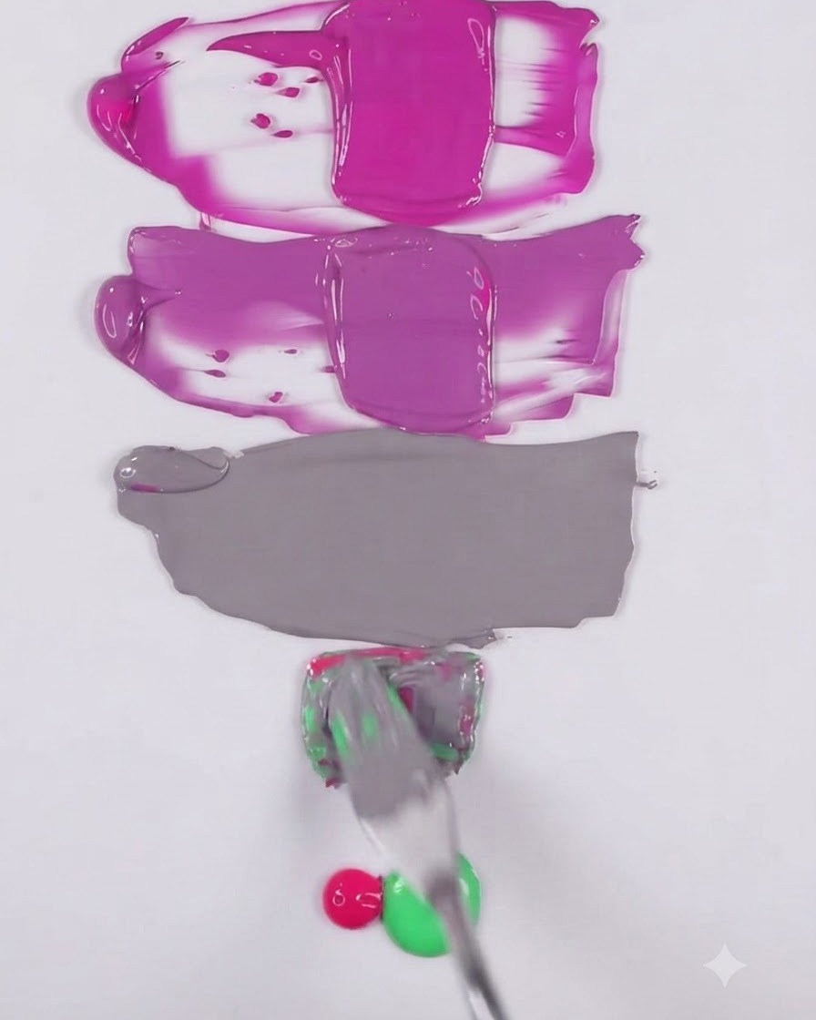 Ein Metallspatel mischt ein graubraunes Gel-Shade auf einer weißen Oberfläche unter den vorherigen lila und rosa Farbmustern.
