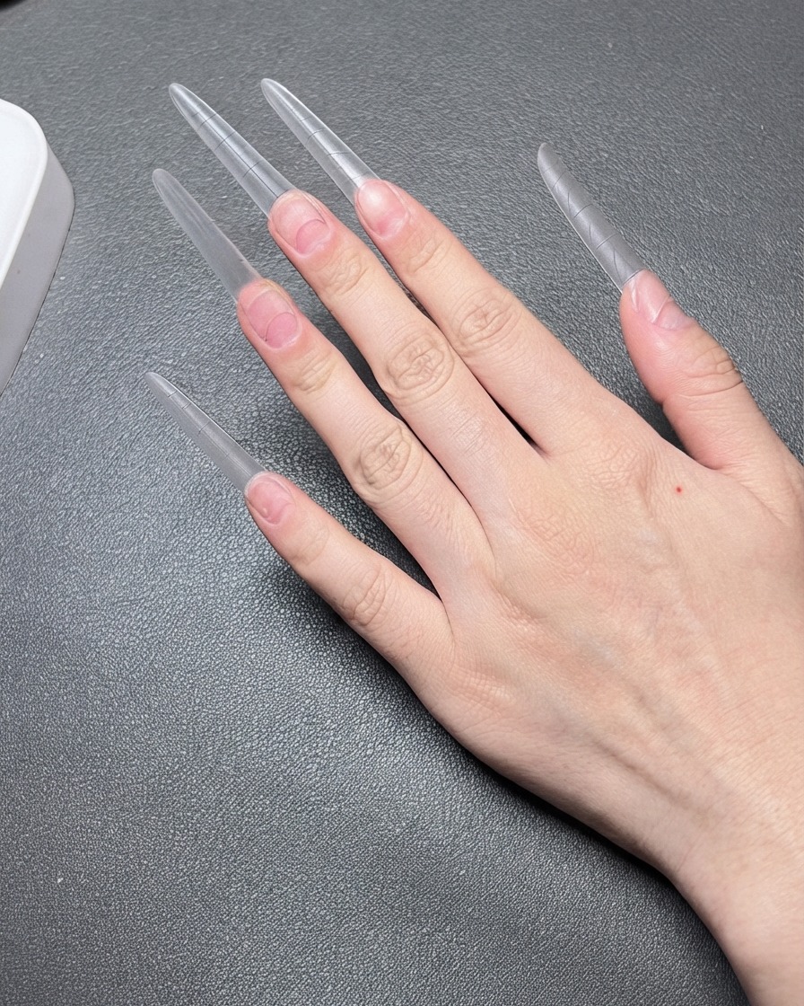 Eine Hand hält einen Nagelknipser über lange, transparente Nagelverlängerungen, um deren Länge zu kürzen.