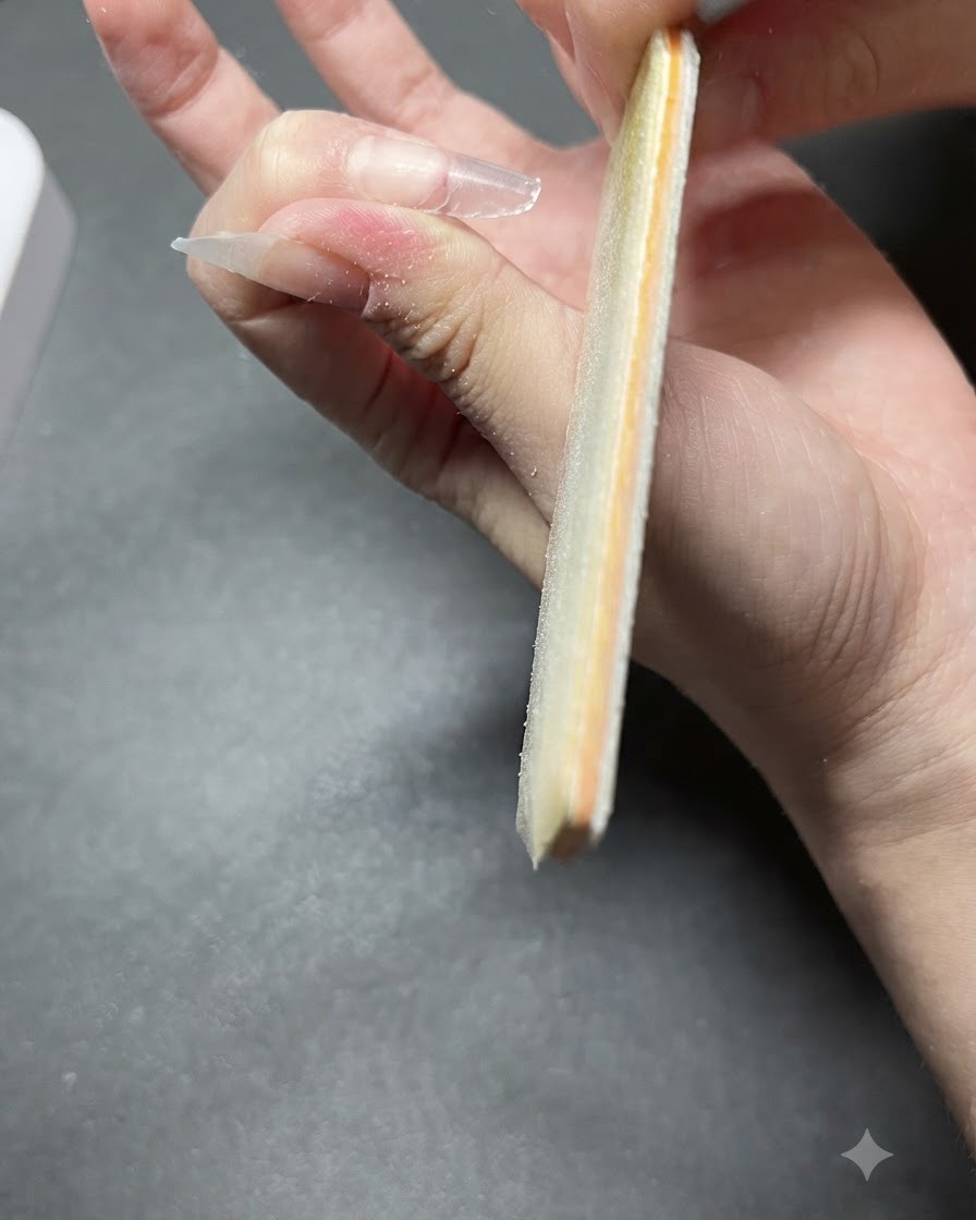 Eine Nahaufnahme einer groben Nagelfeile, die die Kante einer Nagelverlängerung glättet und formt.