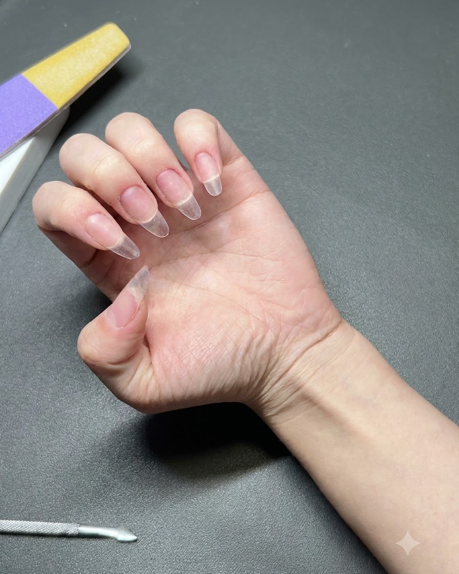 Eine Hand zeigt vorbereitete klare Nagelverlängerungen, bereit für das Auftragen des Base-Gels.
