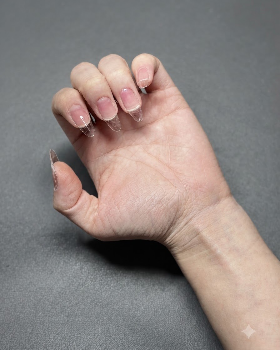 Ein Detailpinsel trägt Aufbaugel auf eine klare Nagelverlängerung auf.