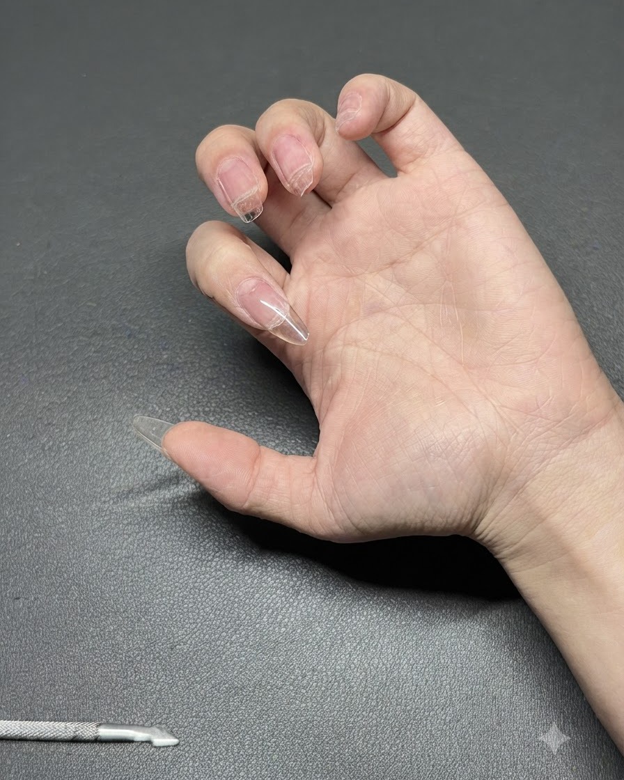 Eine Hand positioniert unter einer tragbaren violetten UV-Lampe, um die Aufbaugelschicht auszuhärten.