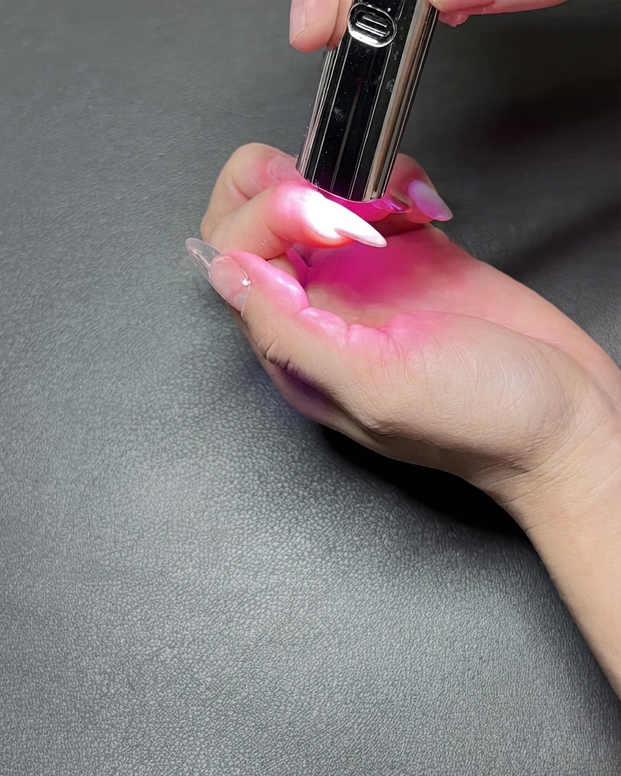 Eine tragbare UV-Lampe wird über einen einzelnen Fingernagel gehalten und strahlt ein hellviolettes Aushärtungslicht aus.