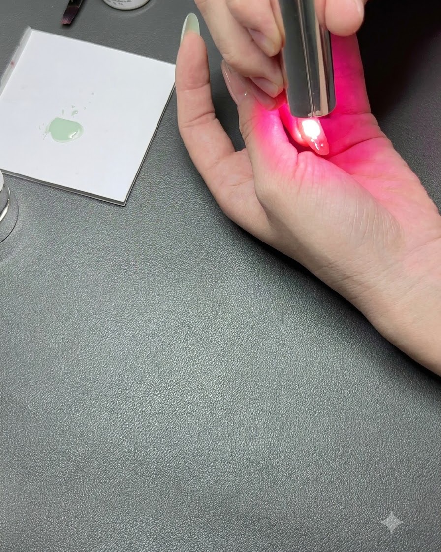Eine Hand unter einer kompakten UV-Nagellampe mit rosa Licht, die ein detailreiches Nail art aushärtet.