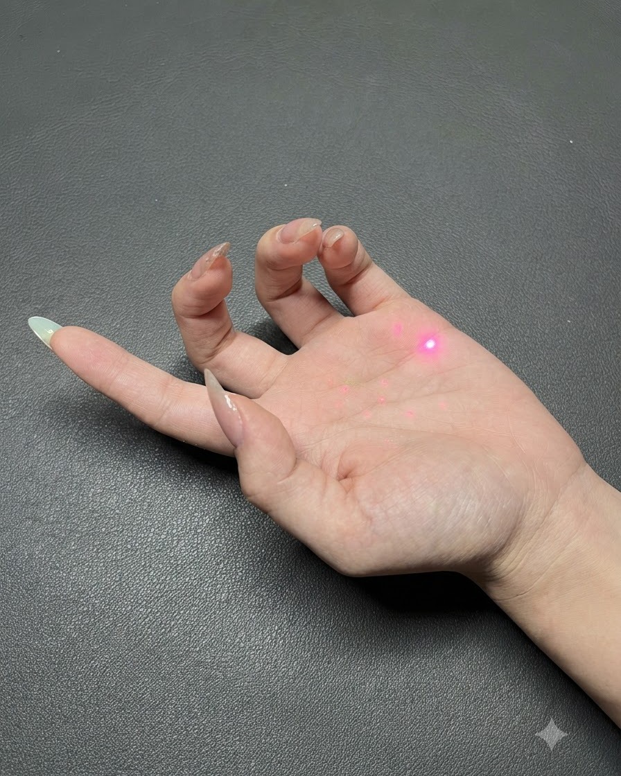 Eine Hand zeigt das Auftragen eines transluzenten Aurora-Schimmer-Topcoats über fertigen Nägeln.