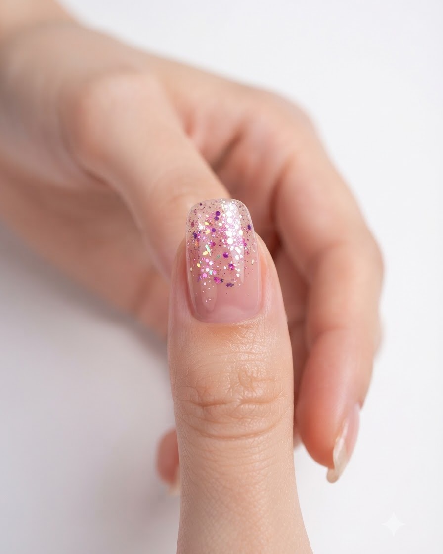 Nahaufnahme eines Fingernagels mit einer glatten, gleichmäßig verteilten Schicht pinkem Glittergel.