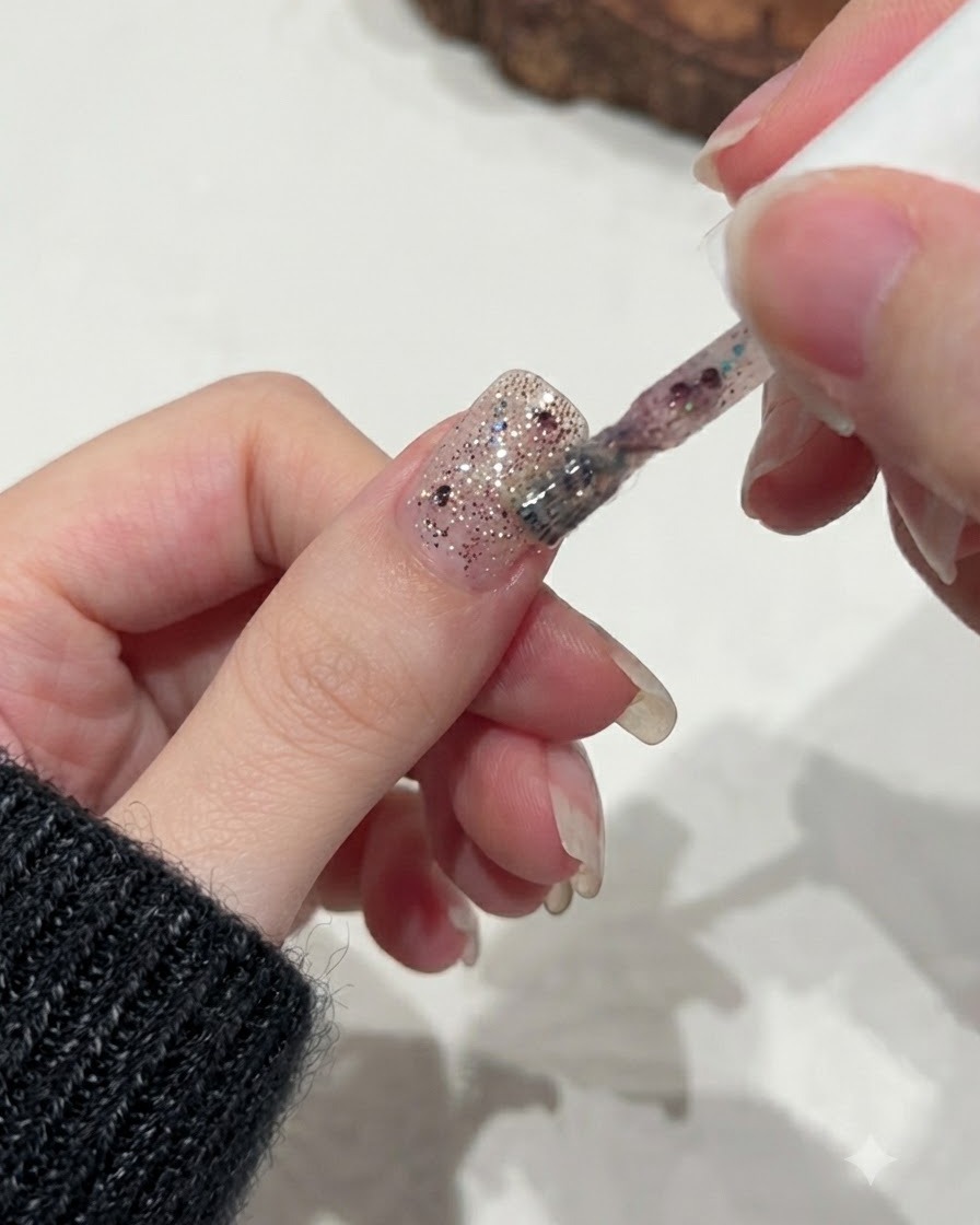 Ein Pinsel trägt eine zweite Schicht pinkes Glittergel über die bereits vorhandene Glitternschicht auf einem Nagel auf.