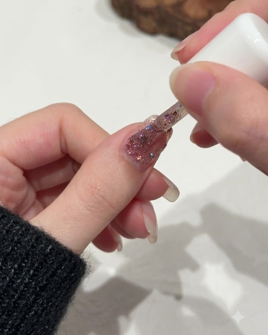 Ein Pinsel korrigiert und verfeinert die Glitterverteilung in der Nähe der Nagelhaut eines Fingernagels.