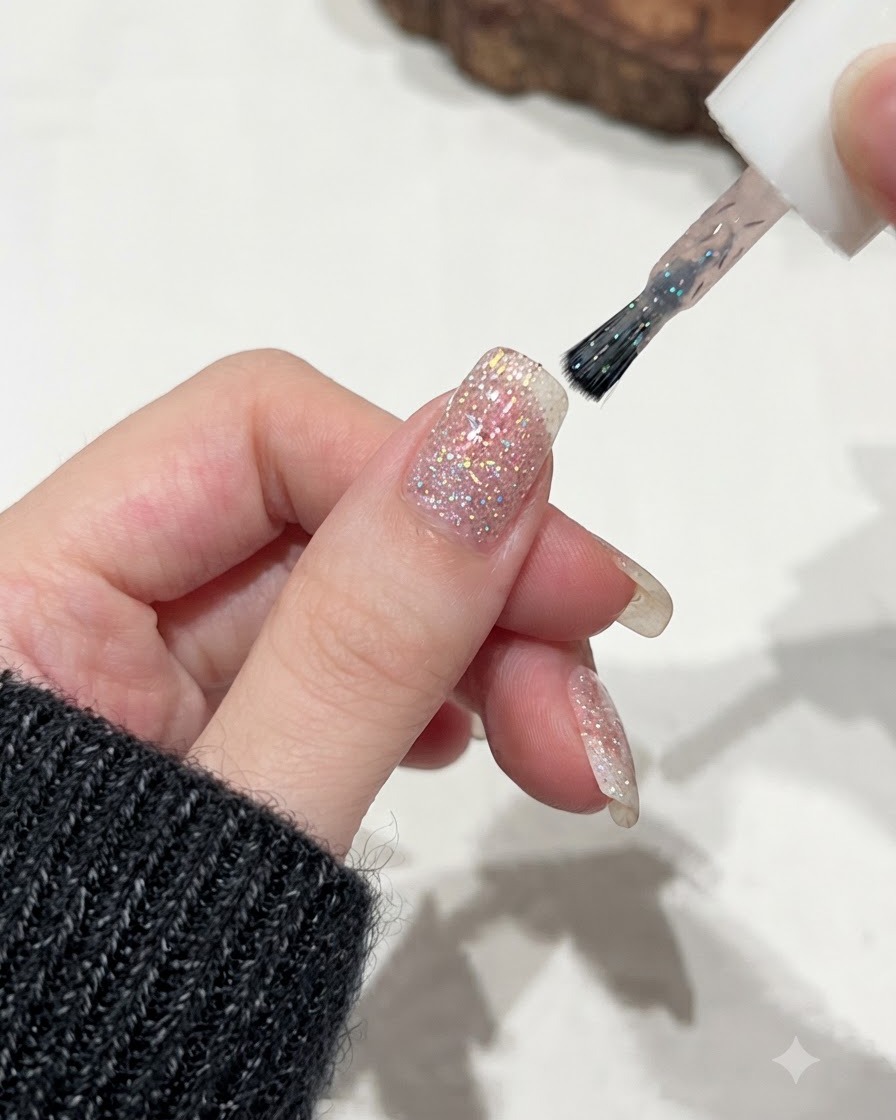 Ein Pinsel trägt eine C62 Schimmer- und Glittergelschicht über eine pinke Glitternagelbasis auf.