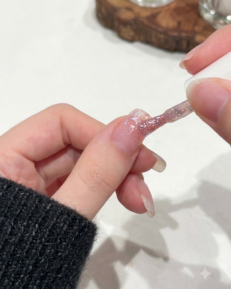 Nahaufnahme des C62-Gels, wie es gleichmäßig über der Nagelplatte verteilt und nivelliert wird.