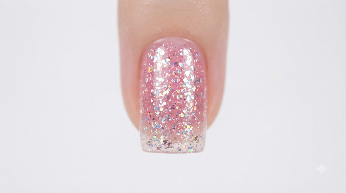 Nahaufnahme im Makro-Stil einer fertigen Pink-Glitter-Gel-Nagelkreation mit holografischem Glitter und strahlendem Finish im Studio-Licht.