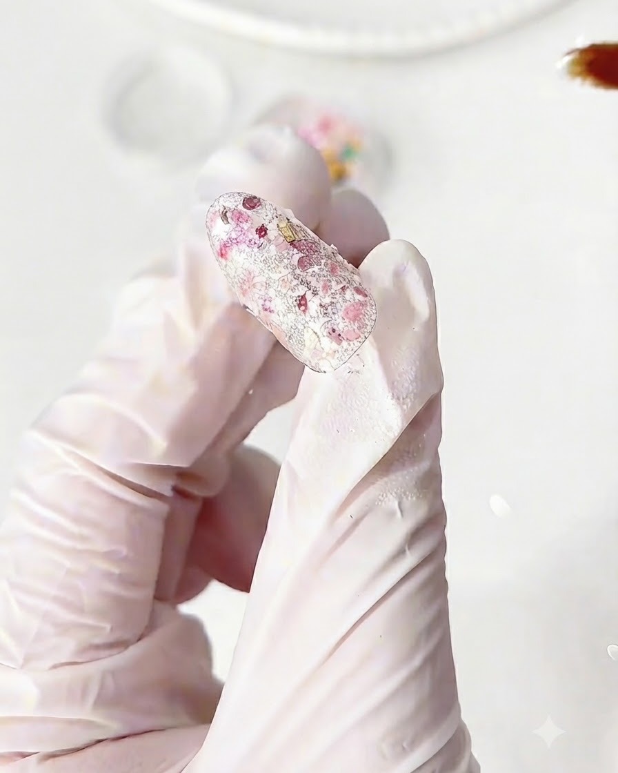 Ein vollständig mit Blumen-Glitzerflocken bedeckter Nagel nach der Platzierung.
